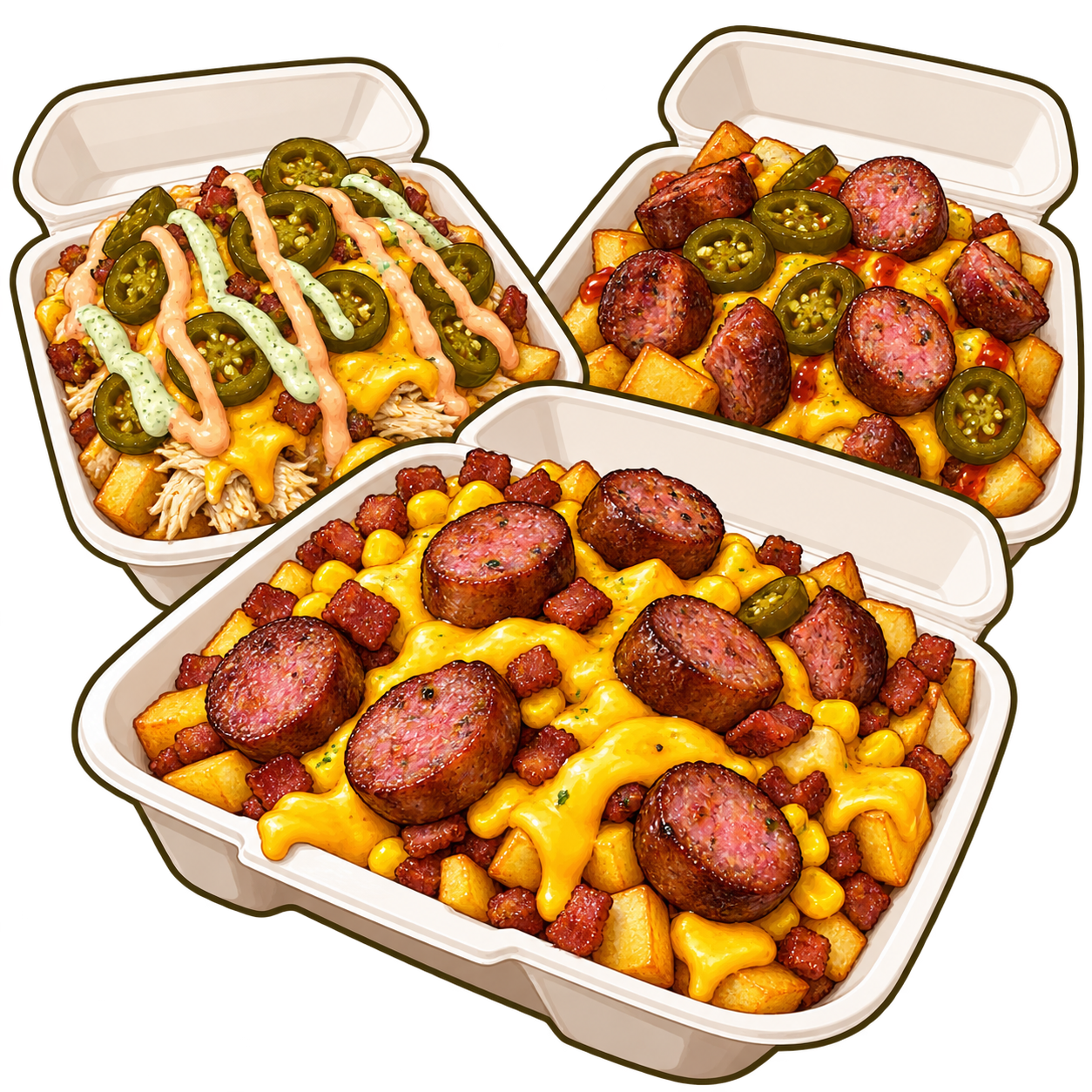 Cartoon-Collage von drei Salchipapa-Portionen mit Kartoffelwürfeln, Käse, Wurst, Mais, Poulet und Jalapeños